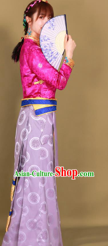 Chinese Tibetan Ethnic Lilac Brocade Skirt Traditional Zang Nationality Heishui Dance Clothing