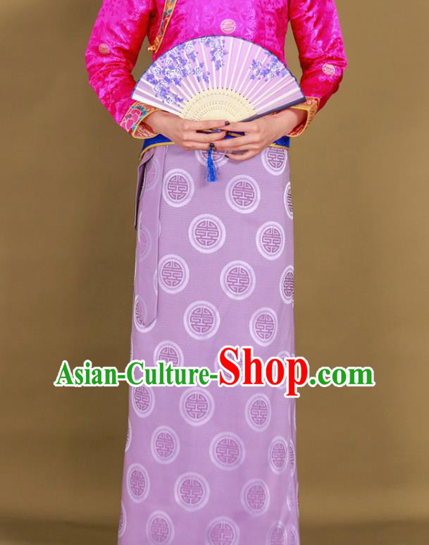 Chinese Tibetan Ethnic Lilac Brocade Skirt Traditional Zang Nationality Heishui Dance Clothing