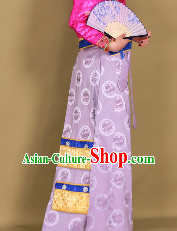 Chinese Tibetan Ethnic Lilac Brocade Skirt Traditional Zang Nationality Heishui Dance Clothing