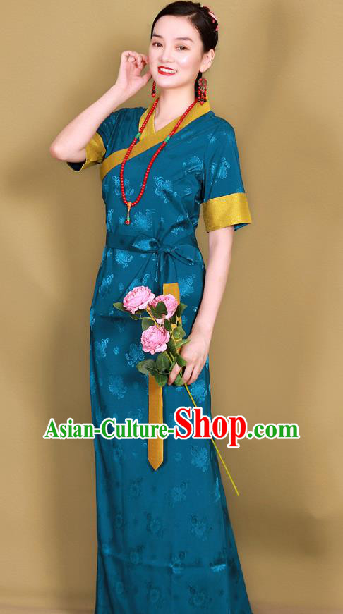 China Traditional Tibetan Blue Brocade Bola Dress Costume Zang Nationality Minority Woman Clothing