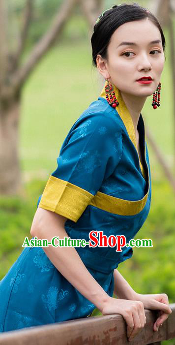 China Traditional Tibetan Blue Brocade Bola Dress Costume Zang Nationality Minority Woman Clothing