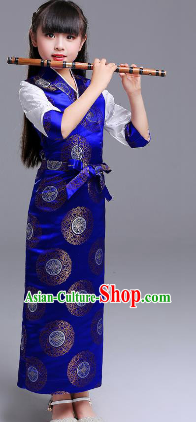 Chinese Traditional Zang Nationality Children Costumes Tibetan Ethnic Minority Girl Royalblue Brocade Dress