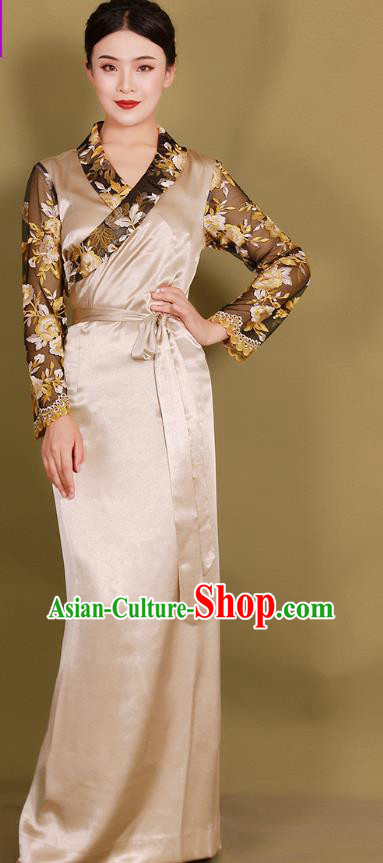 China Traditional Tibetan Ethnic Folk Dance Champagne Bola Dress Zang Nationality Kangba Dance Clothing