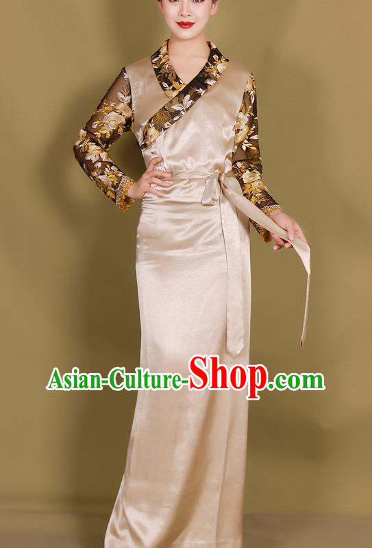 China Traditional Tibetan Ethnic Folk Dance Champagne Bola Dress Zang Nationality Kangba Dance Clothing
