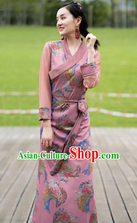 China Tibetan Woman Pink Bola Dress Traditional Zang Nationality Minority Folk Dance Clothing