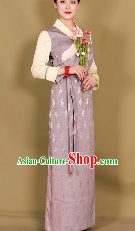 China Traditional Zang Minority Costume Xizang Tibetan Ethnic Woman Lilac Bola Dress Clothing