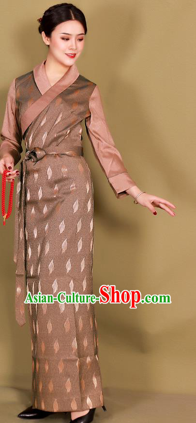 China Zang Minority Costume Xizang Ethnic Woman Clothing Traditional Tibetan Brown Bola Dress
