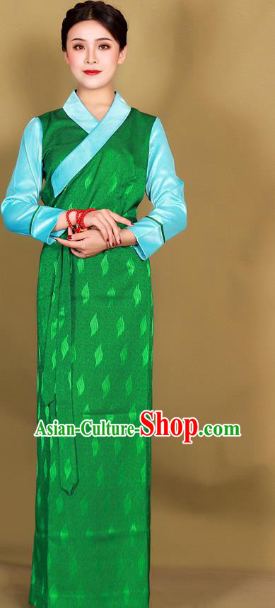 China Xizang Ethnic Woman Clothing Traditional Tibetan Green Bola Dress Zang Minority Costume
