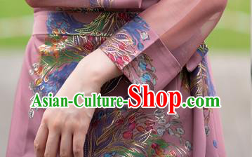 China Tibetan Woman Pink Bola Dress Traditional Zang Nationality Minority Folk Dance Clothing
