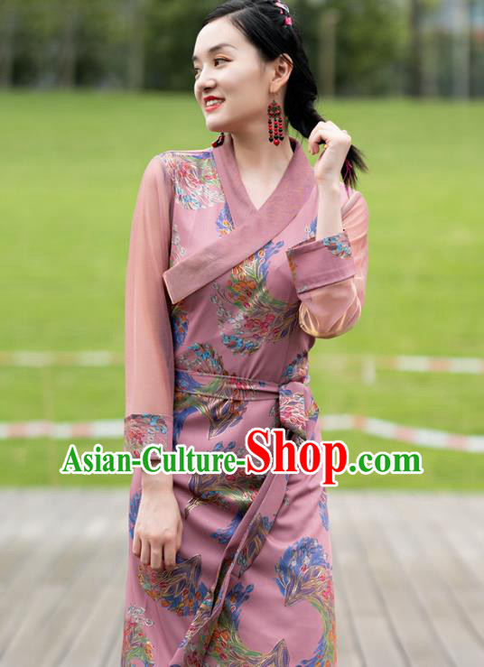 China Tibetan Woman Pink Bola Dress Traditional Zang Nationality Minority Folk Dance Clothing