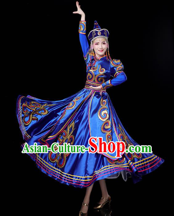 Chinese Mongol Ethnic Folk Dance Royalblue Dress Traditional Mongolian Nationality Stage Performance Costume
