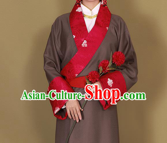 China Traditional Brown Tibetan Robe Zang Minority Costume Xizang Ethnic Woman Clothing