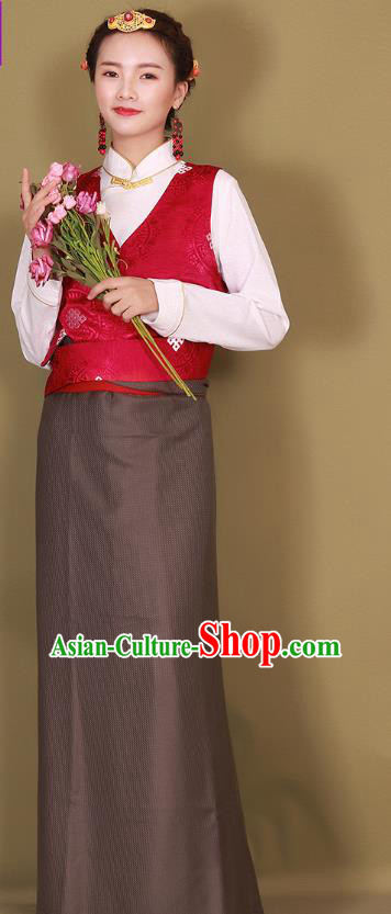 China Traditional Brown Tibetan Robe Zang Minority Costume Xizang Ethnic Woman Clothing