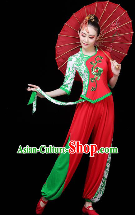 China Drum Dance Yangko Dance Clothing Traditional Folk Dance Fan Dance Red Outfits
