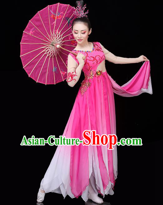 Chinese Traditional Woman Group Dance Costume Umbrella Dance Clothing Classical Dance Rosy Dress