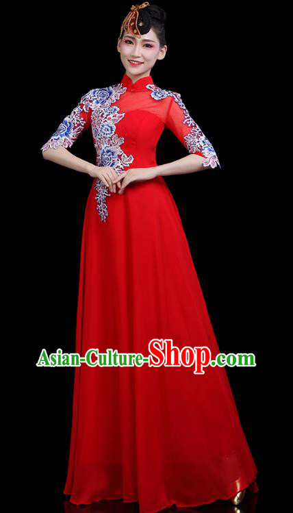 China Woman Embroidered Chorus Costume Modern Dance Clothing Opening Dance Red Dress