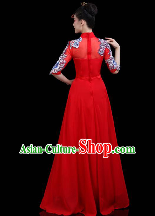 China Woman Embroidered Chorus Costume Modern Dance Clothing Opening Dance Red Dress