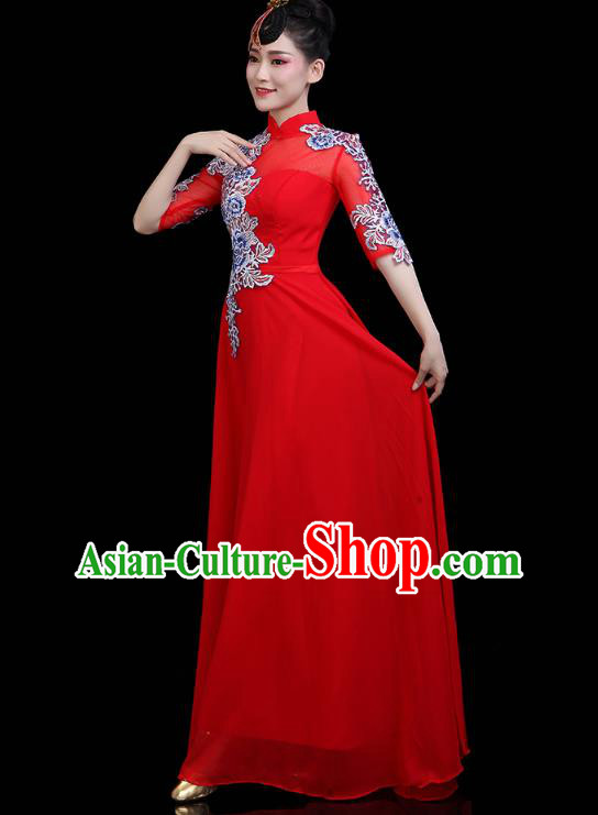 China Woman Embroidered Chorus Costume Modern Dance Clothing Opening Dance Red Dress
