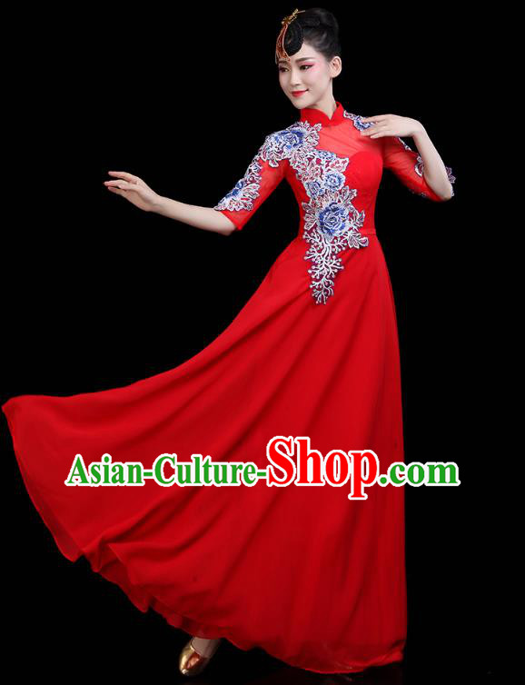 China Woman Embroidered Chorus Costume Modern Dance Clothing Opening Dance Red Dress