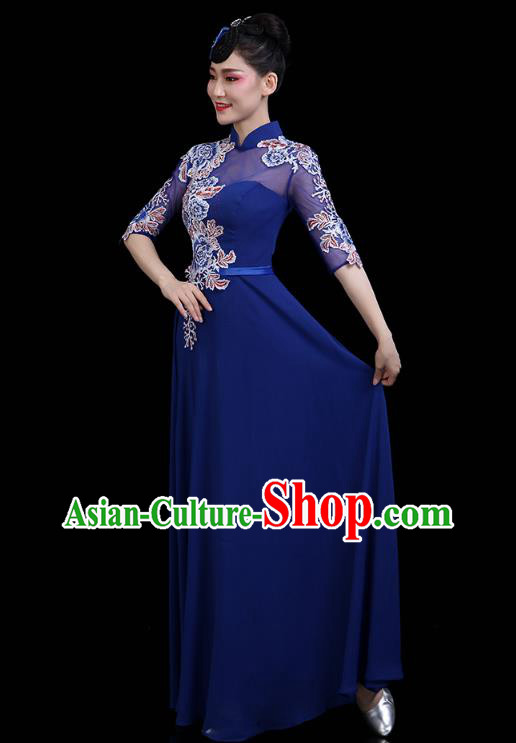 China Opening Dance Deep Blue Dress Woman Embroidered Chorus Costume Modern Dance Clothing