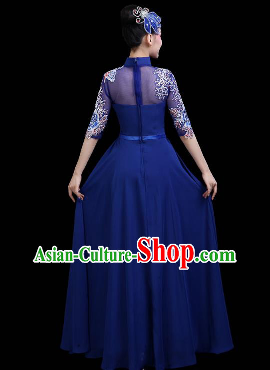 China Opening Dance Deep Blue Dress Woman Embroidered Chorus Costume Modern Dance Clothing