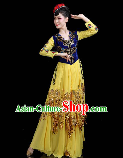 Chinese Xinjiang Ethnic Woman Yellow Dress Traditional Uygur Nationality Dance Performance Costume