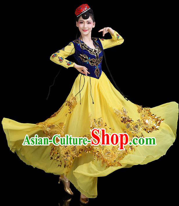 Chinese Xinjiang Ethnic Woman Yellow Dress Traditional Uygur Nationality Dance Performance Costume