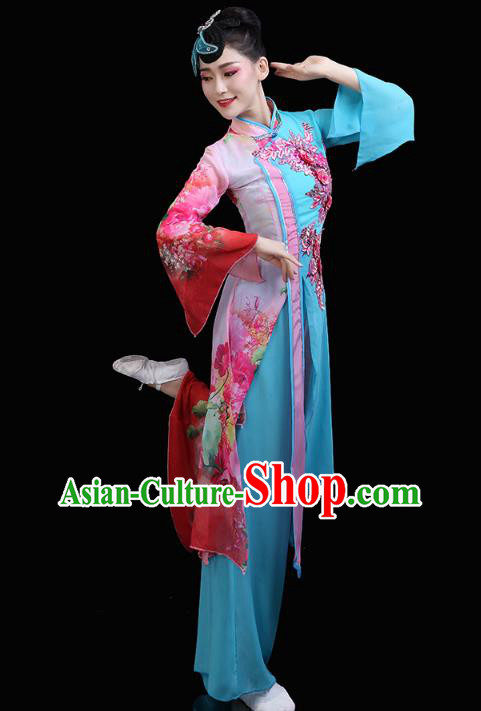 Chinese Classical Dance Embroidered Blue Dress Traditional Woman Group Dance Costume Umbrella Dance Clothing