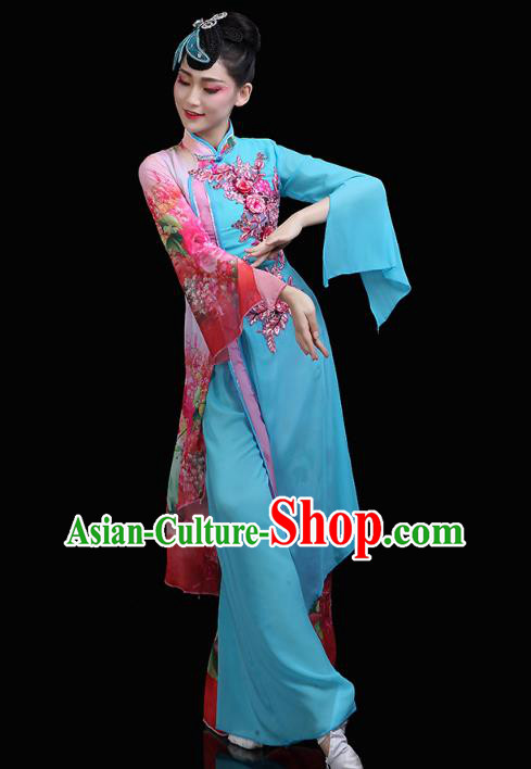 Chinese Classical Dance Embroidered Blue Dress Traditional Woman Group Dance Costume Umbrella Dance Clothing