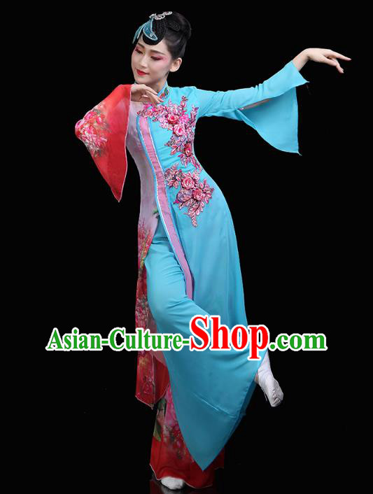 Chinese Classical Dance Embroidered Blue Dress Traditional Woman Group Dance Costume Umbrella Dance Clothing