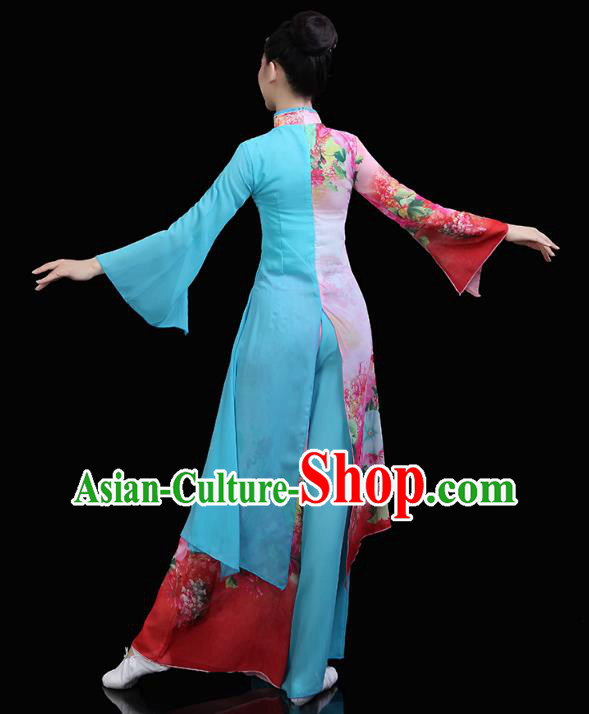 Chinese Classical Dance Embroidered Blue Dress Traditional Woman Group Dance Costume Umbrella Dance Clothing
