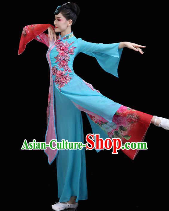 Chinese Classical Dance Embroidered Blue Dress Traditional Woman Group Dance Costume Umbrella Dance Clothing