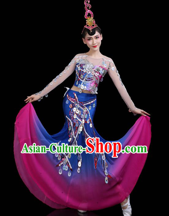 Chinese Yunnan Ethnic Peacock Dance Sequins Dress Traditional Dai Nationality Performance Costume