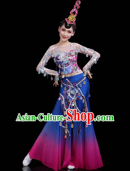 Chinese Yunnan Ethnic Peacock Dance Sequins Dress Traditional Dai Nationality Performance Costume