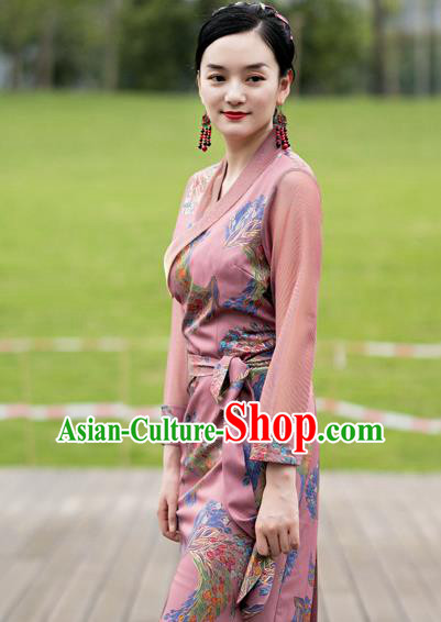 China Tibetan Woman Pink Bola Dress Traditional Zang Nationality Minority Folk Dance Clothing