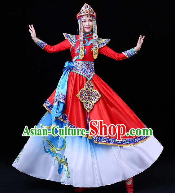 Chinese Mongol Ethnic Wedding Bride Dress Traditional Mongolian Nationality Folk Dance Costume and Headwear