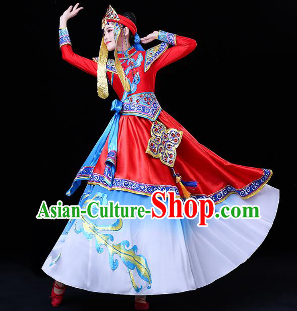 Chinese Mongol Ethnic Wedding Bride Dress Traditional Mongolian Nationality Folk Dance Costume and Headwear
