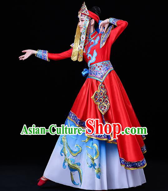 Chinese Mongol Ethnic Wedding Bride Dress Traditional Mongolian Nationality Folk Dance Costume and Headwear