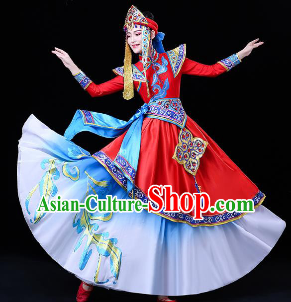 Chinese Mongol Ethnic Wedding Bride Dress Traditional Mongolian Nationality Folk Dance Costume and Headwear
