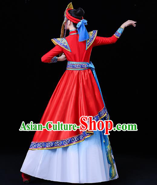 Chinese Mongol Ethnic Wedding Bride Dress Traditional Mongolian Nationality Folk Dance Costume and Headwear
