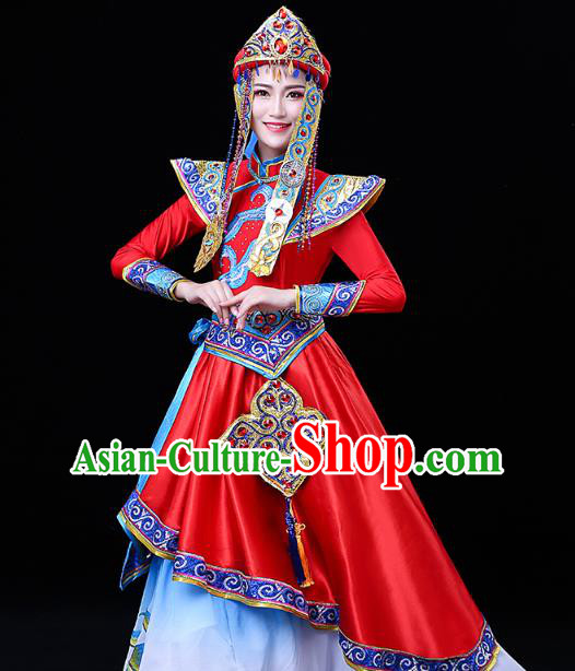 Chinese Mongol Ethnic Wedding Bride Dress Traditional Mongolian Nationality Folk Dance Costume and Headwear