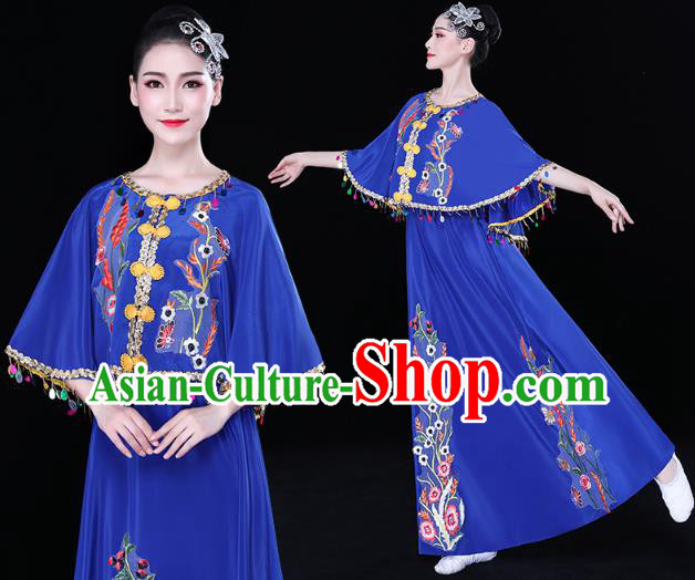 Chinese Yunnan Ethnic Folk Dance Blue Dress Traditional Dai Nationality Performance Embroidered Costume