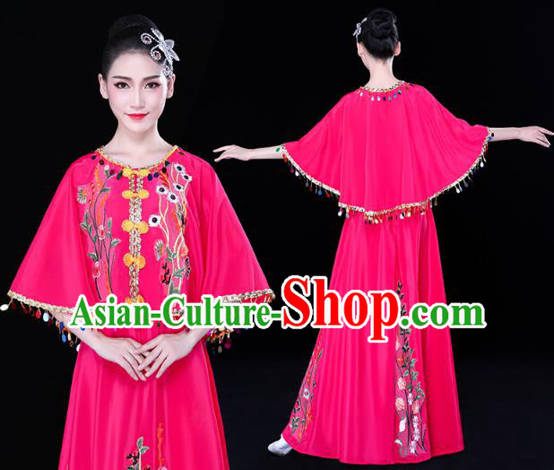 Chinese Traditional Dai Nationality Performance Embroidered Costume Yunnan Ethnic Folk Dance Rosy Dress