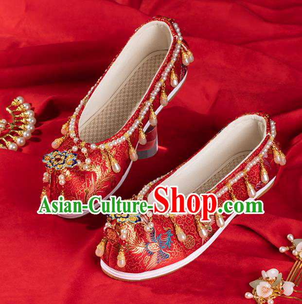China Ancient Bride Pearls Shoes Traditional Ming Dynasty Princess Shoes Handmade Hanfu Wedding Red Satin Shoes