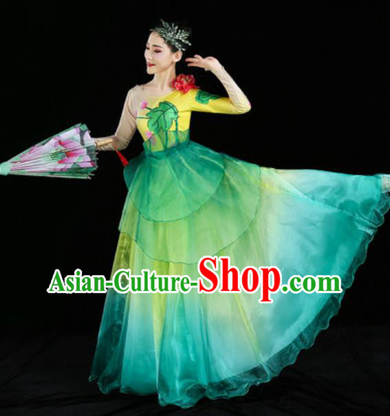 Chinese Classical Dance Clothing Umbrella Dance Green Dress Traditional Woman Group Dance Costume