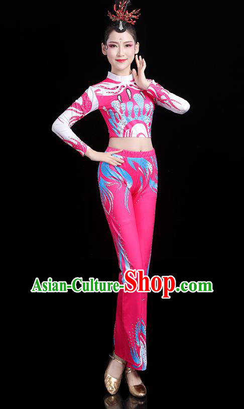 China Aerobics Training Clothing Modern Dance Costume Bodybuilding Competition Pink Outfits