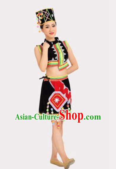 Chinese Yunnan Ethnic Stage Performance Black Dress Outfits Traditional Dai Nationality Folk Dance Costumes