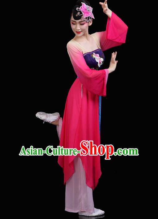 Chinese Umbrella Dance Rosy Dress Traditional Woman Group Dance Costume Classical Dance Clothing