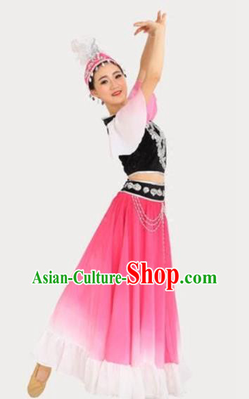 Chinese Xinjiang Ethnic Performance Pink Dress Outfits Traditional Uygur Nationality Female Dance Costumes