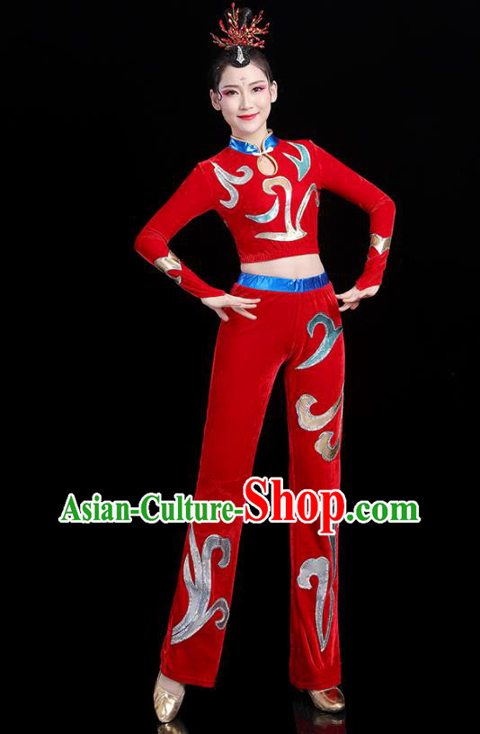 China Modern Dance Costume Bodybuilding Competition Red Outfits Aerobics Training Clothing